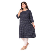 Navy blue capsule A-line kurti with floral print, 3/4th sleeve, round neck, buttons, closed slit & side